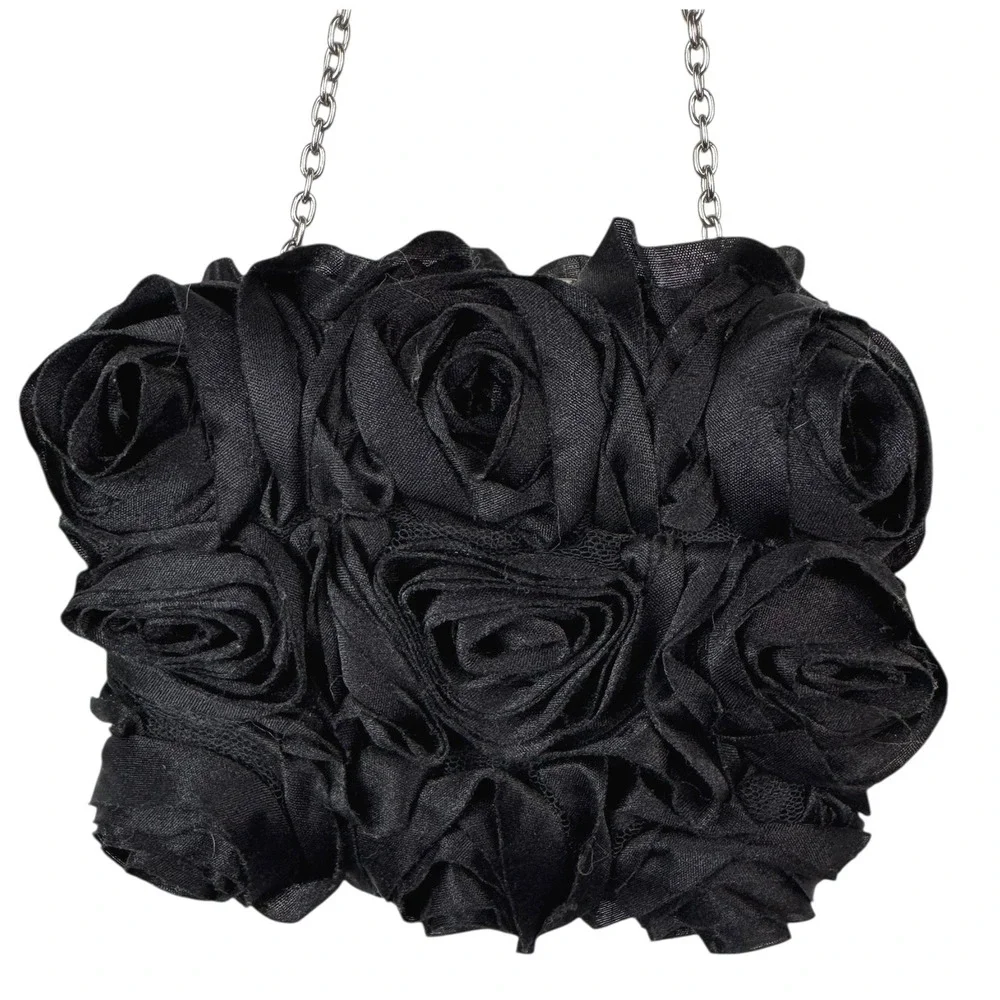Expressions NYC‎ Black Rose Satin Evening Bag Party Clutch Chain Strap
